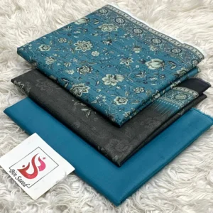 100% Original Bin Saeed Printed 3-Piece Lawn Suit with Voile Dupatta (Teal & Charcoal Floral Design)